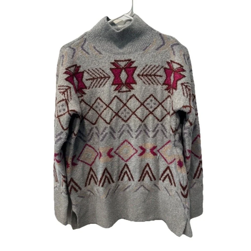 Lou & Grey Fair Isle Tunic Sweater Women's M Pebble Grey Heather Mock Neck NWT